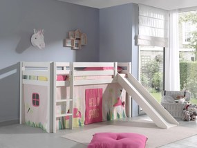 Conjunto Cama alta de Criança PINO 90 x 200 cm + estrado + escada + escorrega + cortina Primavera branca