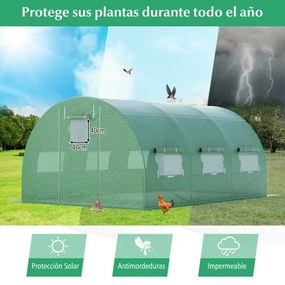 Estufa Túnel de jardim com 6 janelas de enrolar 2 portas com fecho de correr Estrutura de aço galvanizado 4 x 3 x 2 m Verde