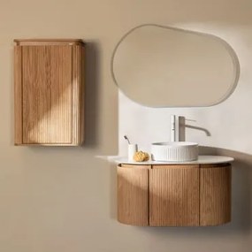 Conjunto De Móvel De Casa De Banho Suspenso 90x50 Cm Em Madeira Carsone Madeira Natural & Madeira Natural & Cerâmica Redonda Riscas - Sklum
