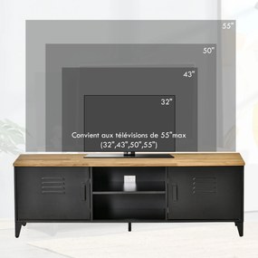 Móvel de TV 150 x 40 x 50 cm para televisores de 55'' com 2 armários, pés ajustáveis, preto e tampo em cor natural