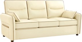 HOMCOM Sofá 3 Lugares Sofá de Sala Moderno Estofado em Couro Sintético com Bolso Lateral e 2 Almofadas 190x85x80 cm Bege | Aosom Portugal