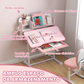 Conjunto de Secretária e Cadeira para Crianças Secretária Infantil Altura Ajustável 80x55x107,5 cm Rosa