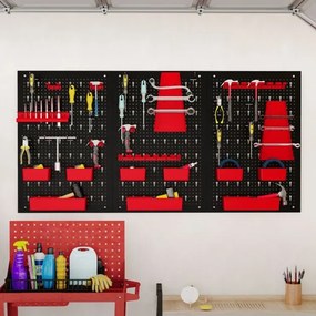 Organizador de parede ferramentas (Não incluidas) 120 x 60 x 2 cm com painel perfurado com 9 recipientes Suportes para martelos Preto e vermelho