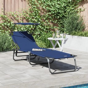 Espreguiçadeira Dobrável com Toldo Azul de Tecido Oxford 600D
