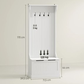 Móvel de entrada 4 em 1,  com banco com espaço de arrumação e 4 ganchos duplos, 71,5 x 39,5 x 170 cm, branco
