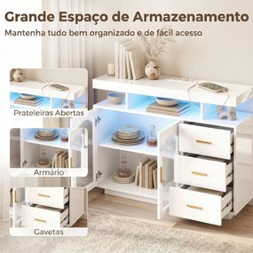 Aparador com LED RGB de 7 Cores, Tomadas, Portas USB, 3 Gavetas, Prateleiras Abertas, 2 Portas, Branco Brilhante, 100x35x80 cm