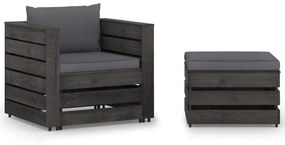 2 pcs conj. lounge jardim + almofadões madeira impreg. cinzento