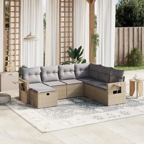 7 pcs conj. sofás jardim c/ almofadões vime PE bege misturado