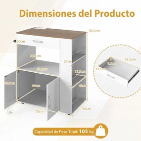 Carrinho de cozinha 75 x 46 x 90,5 cm com Estação de carregamento e rodas com travão Cesto duplo Branco + Natural