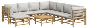 9 pcs conj. lounge de jardim bambu c/ almofadões cinzento-claro