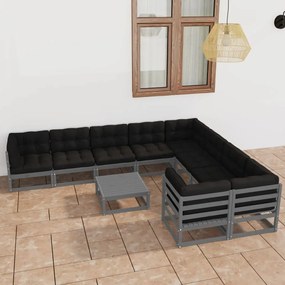 10pcs conjunto lounge de jardim + almofadões pinho maciço cinza