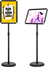 Conjunto de 2 suportes de pé A3 para cartazes de metal, cartazes de quadro, menus, publicidade exterior, altura ajustável, giratório, preto