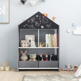 Estante em forma de casa para crianças Organizador de brinquedos em madeira com quadro branco 4 compartimentos 2 gavetas Cinzenta