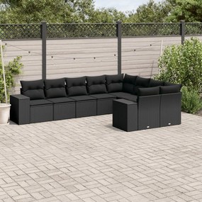 9 pcs conjunto de sofás p/ jardim c/ almofadões vime PE preto