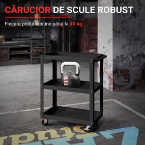 Carrinho de oficina com 3 prateleiras 70,5 x 35 x 82,5 cm, pega lateral e rodas bloqueáveis, preto