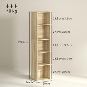 Estante de arrumação com 5 prateleiras ajustáveis para sala, quarto ou escritório, 30 x 24 x 133,5 cm, natural
