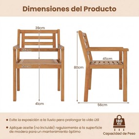 Conjunto de 2 cadeiras de jardim em madeira de acácia com encosto inclinado (MESA NÃO INCLUIDA), braços e assento em ripas, com capacidade para 180 kg