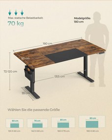 Secretária com altura ajustável eletricamente 180 x 80 x (72-120) cm castanho vintage-preto