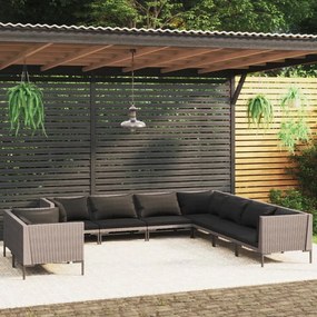 vidaXL 9 pcs conj. lounge jardim c/ almofadões vime PE cinzento-escuro