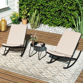 Conjunto de Baloiços jardim  de 3 peças com 2 cadeiras de baloiço em rattan PE com almofadas e 1 mesa preto e Bege