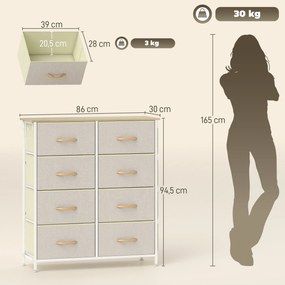 Cómoda Alta de Tecido com 8 Gavetas 4 Bolsos Laterais 2 Ganchos e Estrutura de Aço 86x30x94,5 cm Bege