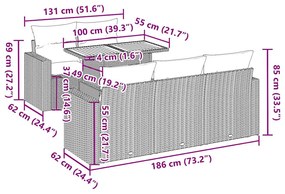 6 pcs conjunto de sofás p/ jardim com almofadões vime PE bege