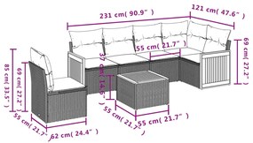 7 pcs conjunto de sofás p/ jardim c/ almofadões vime PE preto