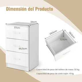 Mesa cabeçeira 38 x 35 x 66 cm com estação de carregamento, 3 gavetas branca