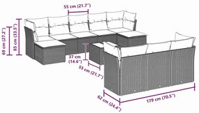 11 pcs conjunto sofás de jardim c/ almofadões vime PE cinzento