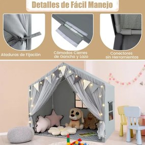 Tenda infantil 146 x 96 x 133 cm com 2 cortinas de tecido e malha, luzes de estrelas, 2 janelas respiráveis e almofada de algodão cinzenta