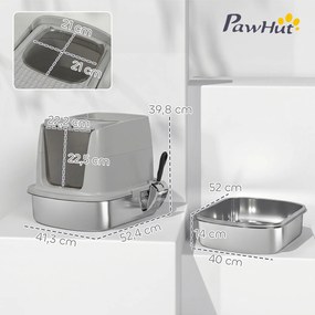 Caixa de Areia para Gatos em Aço Inoxidável L com Tampa Removível e Pá Inox, Cinzento Claro