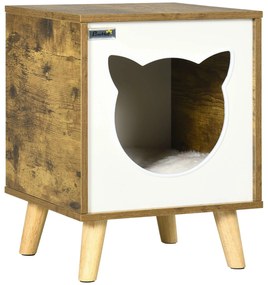 PawHut Casa de Madeira para Gatos Caverna para Gatos com Almofada Lavável e Pés Elevados 34x34x44, cm Marrom