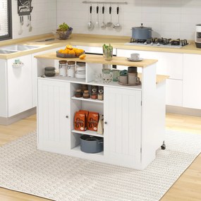 HOMCOM Ilha de Cozinha com Rodas Carrinho de Cozinha com Bancada de Madeira de Borracha Dobrável 2 Portas e Prateleiras Abertas 110x66x97 cm Branco e Madeira