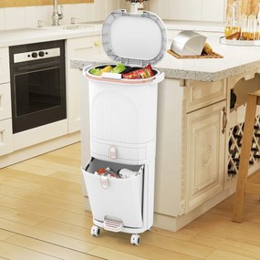 Caixote do lixo 43 x 29 x 82,5 cm para cozinha 42 L com gaveta e 2 cubos removíveis com Pedal e Rodas Branco