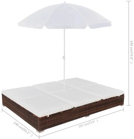 Espreguiçadeira de exterior com guarda-sol vime PE castanho