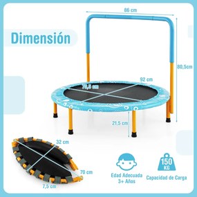 Trampolim dobrável para crianças de 92 cm com corrimão removível azul e laranja