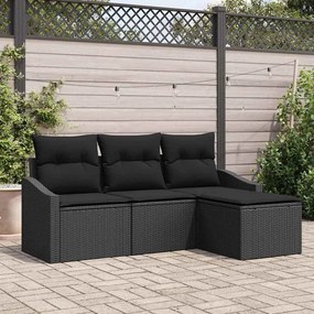 vidaXL Conjunto de Sofá de Jardim de 4 Peças com Almofadas Preto Vime Poliéster