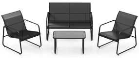 Conjunto Jardim de 4 peças com mesa de centro em vidro temperado Tecido respirável  Estrutura em metal inoxidável Preto
