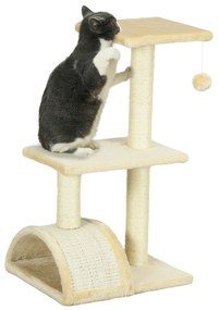 PawHut Arranhador para Gatos de 3 Níveis  com Postes de Sisal Placa para Arranhar e Bola Suspensa 40x35x72 cm Creme