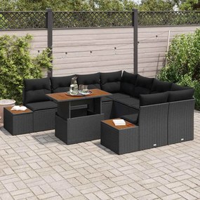 Conjunto de Sofá de Jardim de 9 Peças com Almofadas Pretas de Rattan e