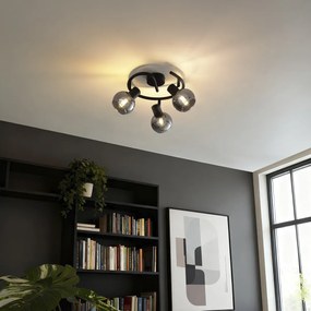 Candeeiro de teto Art Deco preto com vidro fumê 3 luzes redondo - Vidro
