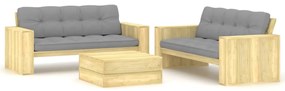 vidaXL 3 pcs conjunto lounge de jardim com almofadões pinho impregnado
