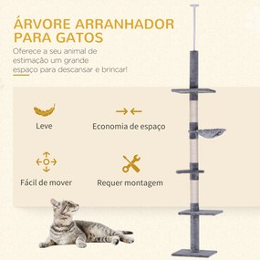 Árvore Arranhadora para Gatos Arranhador para Fixar ao Teto Altura Ajustável com Plataformas Poste de Sisal 40x34x230-260cm Cinza
