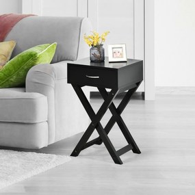 Mesa lateral de madeira em forma de X com uma gaveta e cabo metálico para sala de estar ou quarto de casa ou escritório 40 x 33 x 65,5 cm Preto