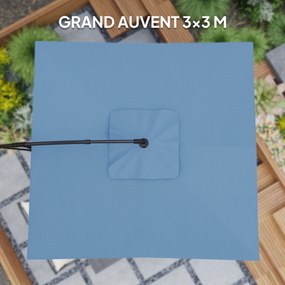 Guarda-sol  de 3 x 3 m com manivela, base em cruz, inclinação ajustável e rotação de 360°, de 180 g/m² azul