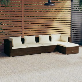 5 pcs conjunto lounge jardim c/ almofadões vime PE castanho