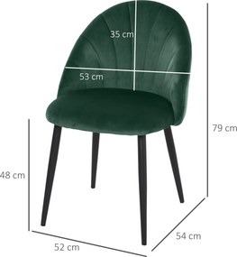 Conjunto de 2 cadeiras de sala de jantar e de cozinha em veludo, com pés de metal , 52 x 54 x 79 cm verde