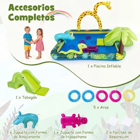 Piscina insuflável  208 x 178 x 138 cm infantil com escorrega, chuveiro em forma de girafa e jogo de aros, com tema de animais da selva, centro de jog