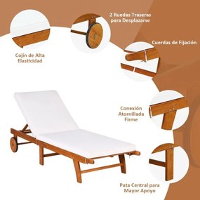 Espreguiçadeira dobrável para jardim em madeira ergonómica com encosto ajustável em 6 posições, almofada removível, rodas, carga 160 kg
