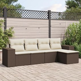 5 pcs conjunto sofás p/ jardim c/ almofadões vime PE castanho